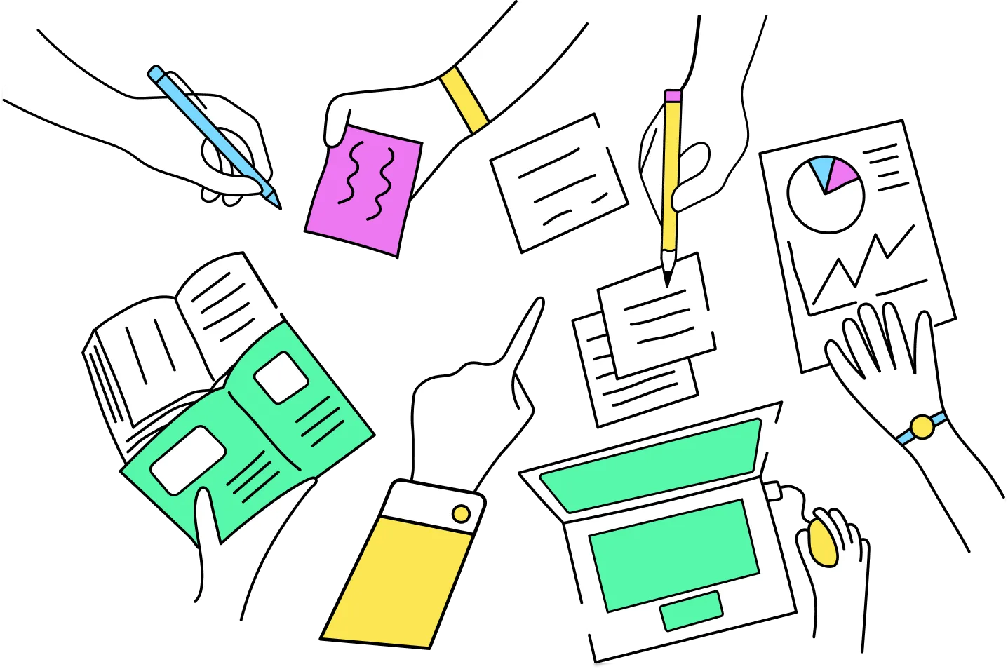 Ilustración de manos colaborando con notas, laptop y herramientas de aprendizaje