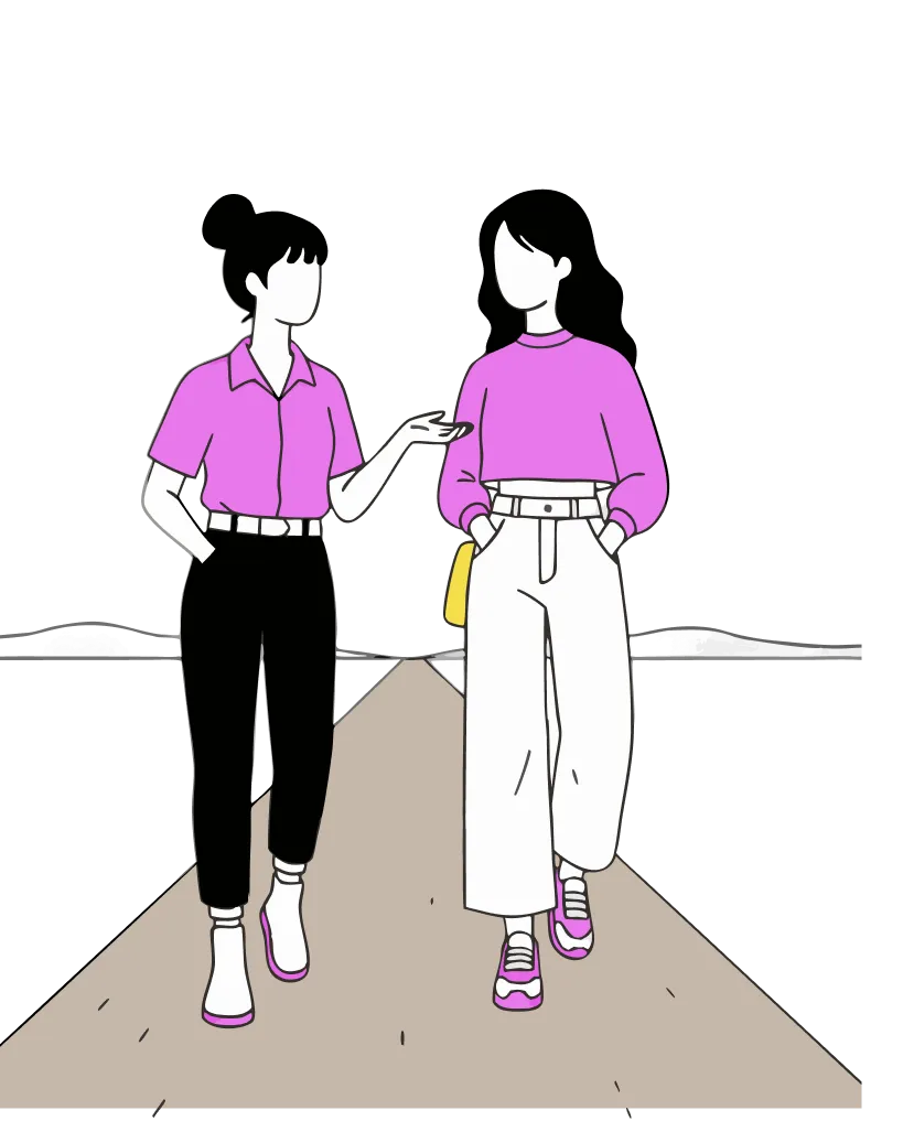 Ilustración de dos mujeres caminando juntas en su ruta laboral
