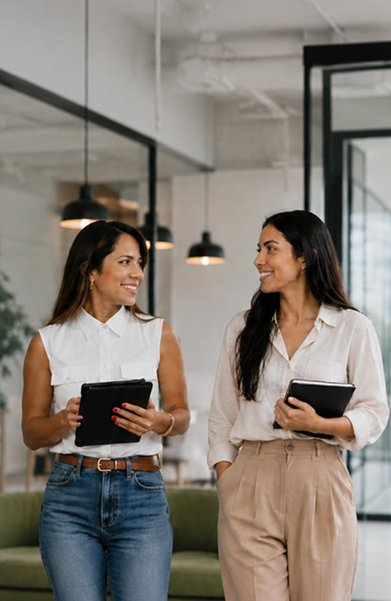 Dos mujeres profesionales conversando en una oficina moderna