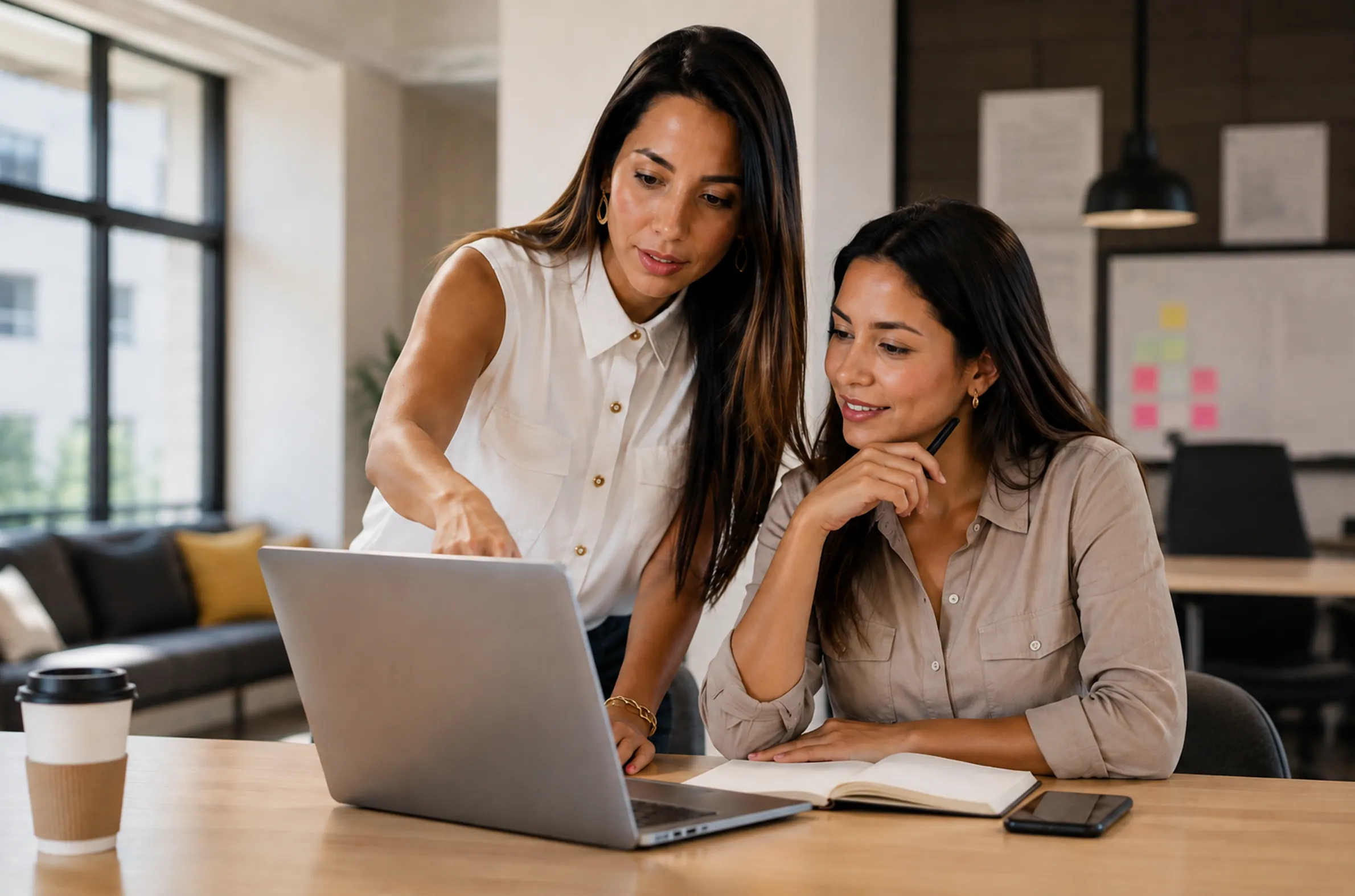 Mujeres colaborando frente a una laptop en un entorno de aprendizaje práctico